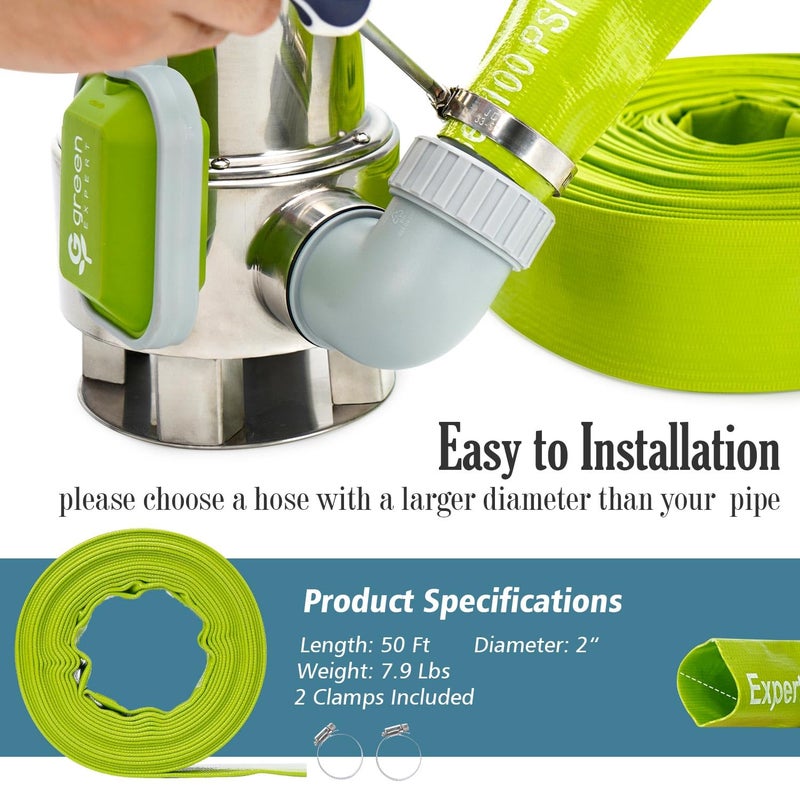 G green EXPERT Green Expert 2 inch ID Lay Flat Discharge Hose 50 feet with Clamps Reinforced PVC Water Drain Hose Heavy Duty for Sump Pumps Quickly Water Removal Pool Backwash Filter Accessory Green - Image 2